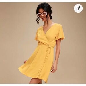 Lulus Mustard Yellow Harbor Point Wrap Dress w/Slit Sleeves